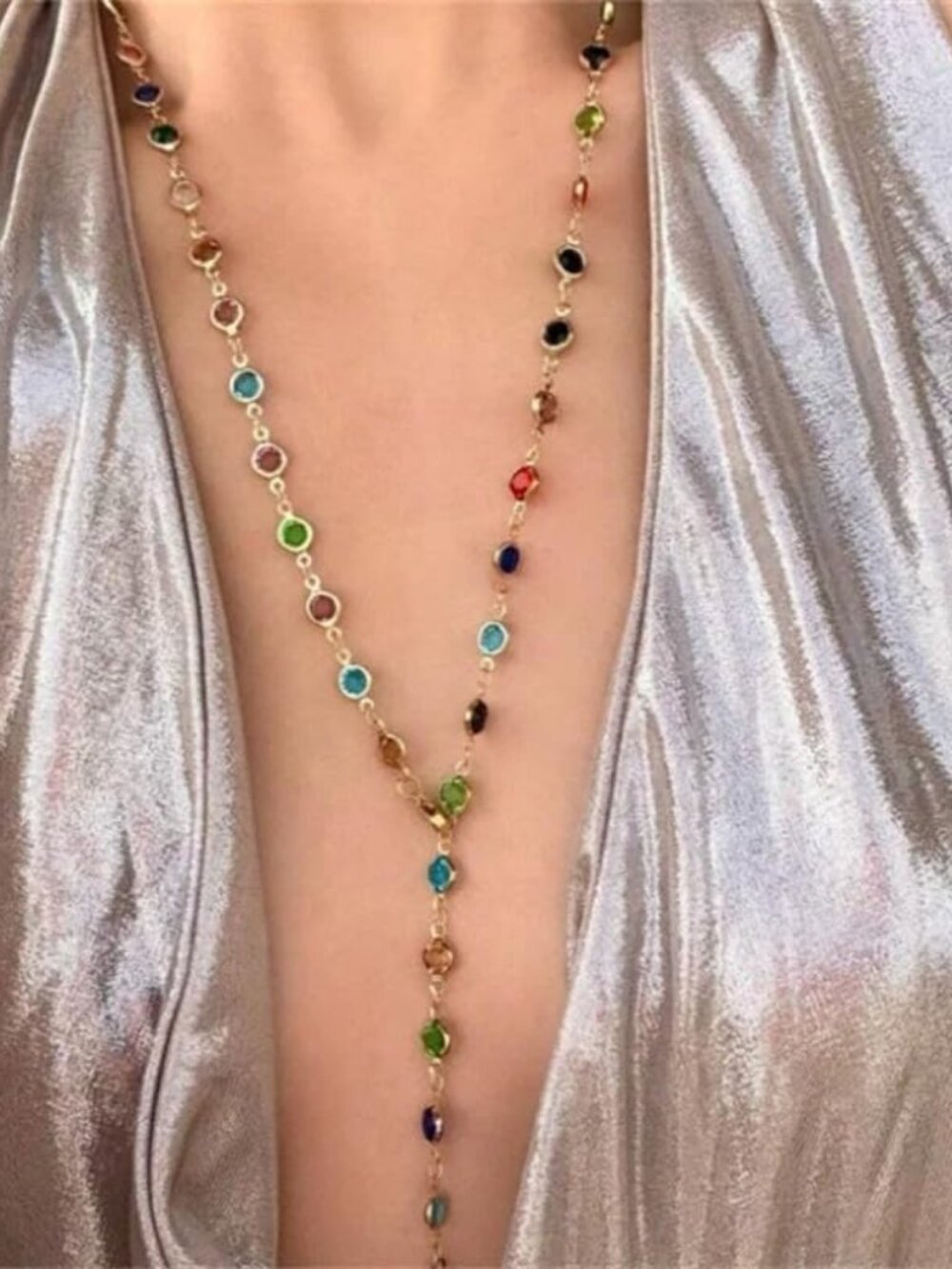 Rhinestone Necklace for Women Boho Long Y Lariat Necklace Colorful Summer Beach - Picture 6 of 6